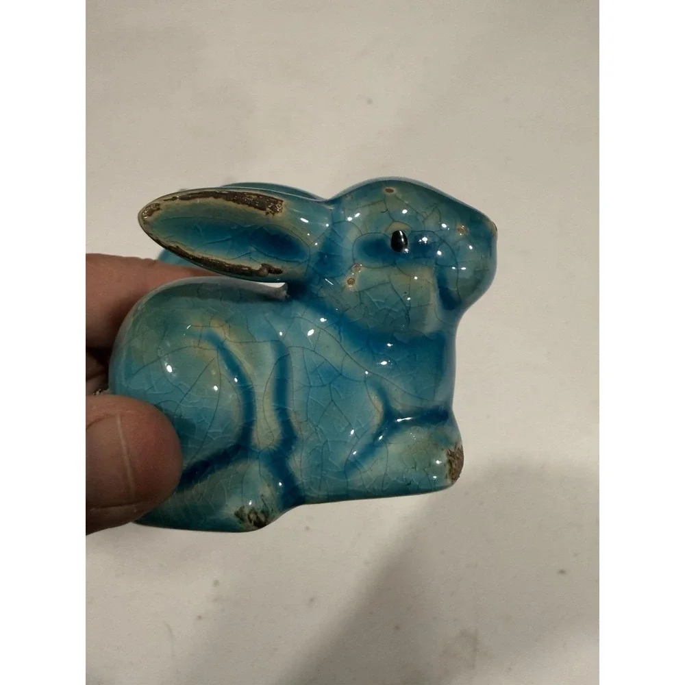 Turquoise Crackle Glaze Rabbit Figurines (2) Distressed Vintage Style